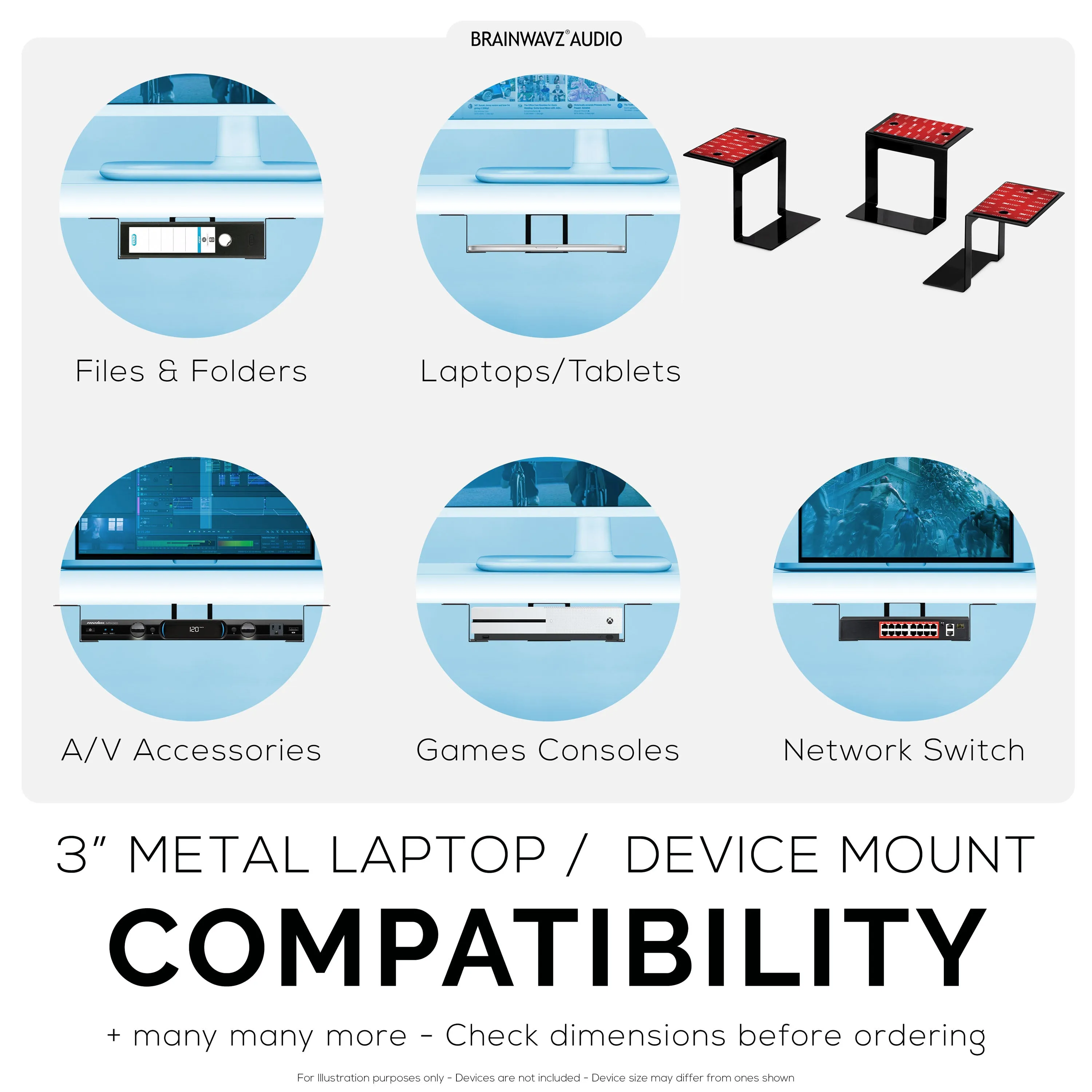 3” Metal Under Desk Laptop, Cable Box & Router Holder Mount, Adhesive & Screw In, Holds upto 3" Devices Like Small Computers, Macbook, Surface, Keyboard, Network Switch, Modems & More