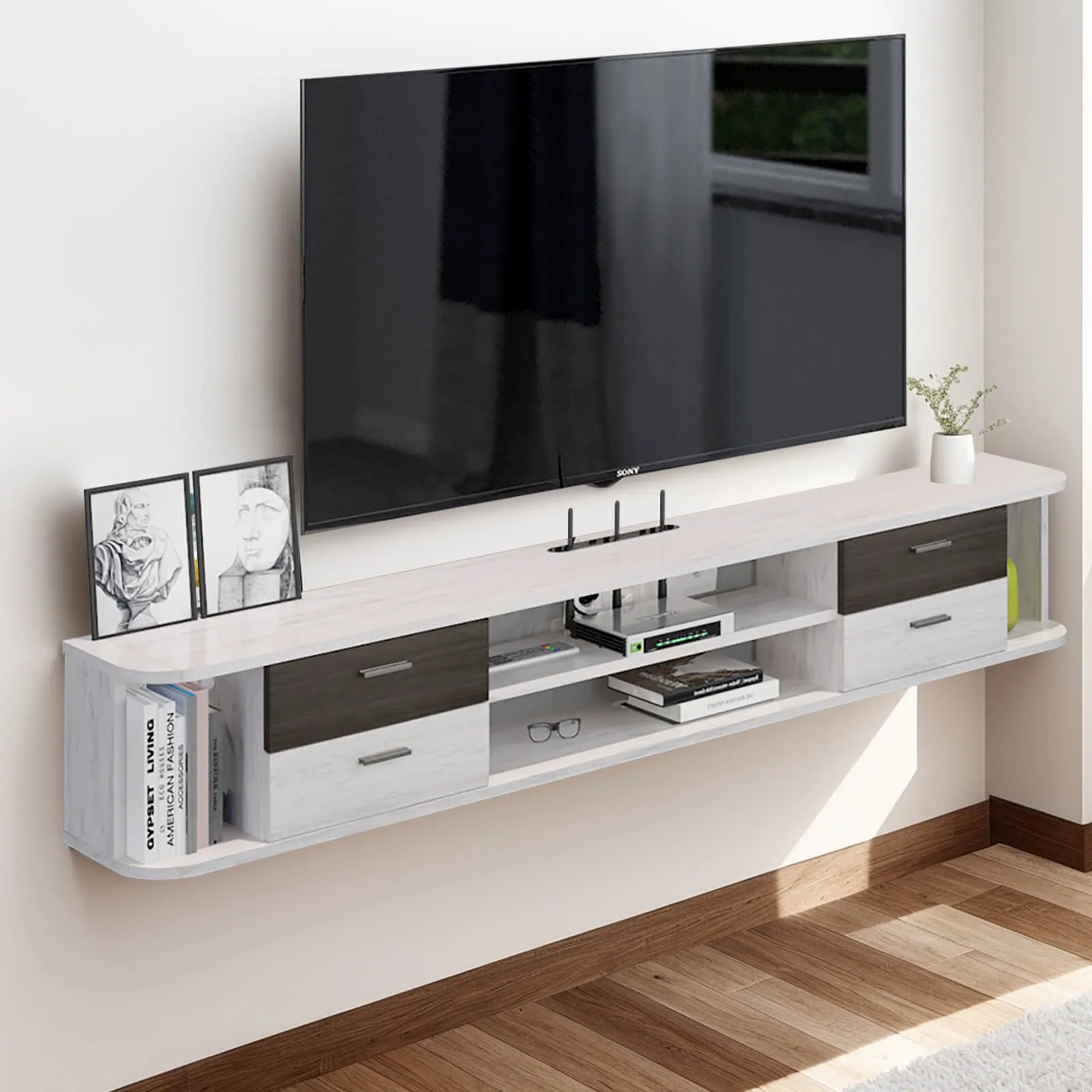 47" Drawista Floating TV Stand, Greyish White