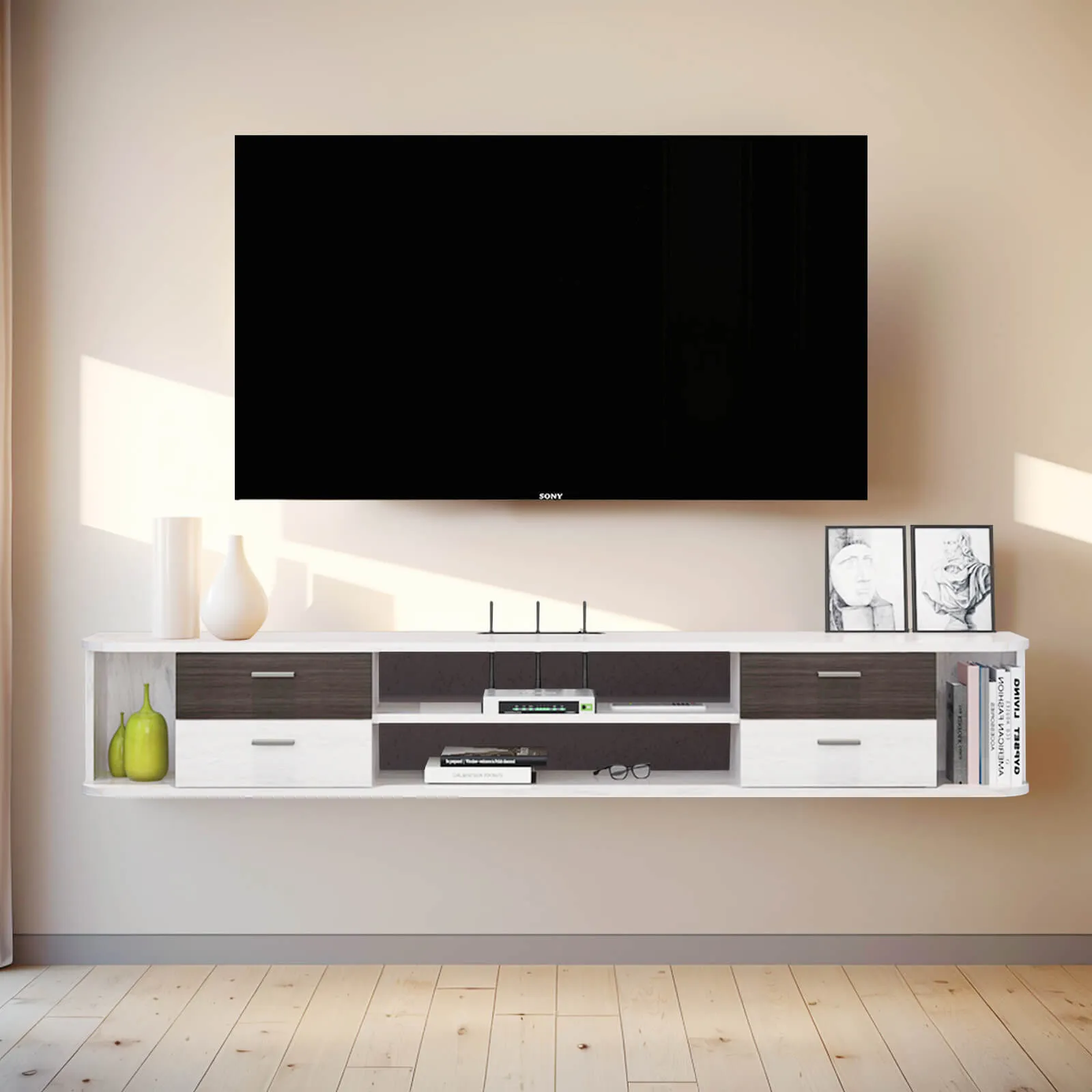 47" Drawista Floating TV Stand, Greyish White