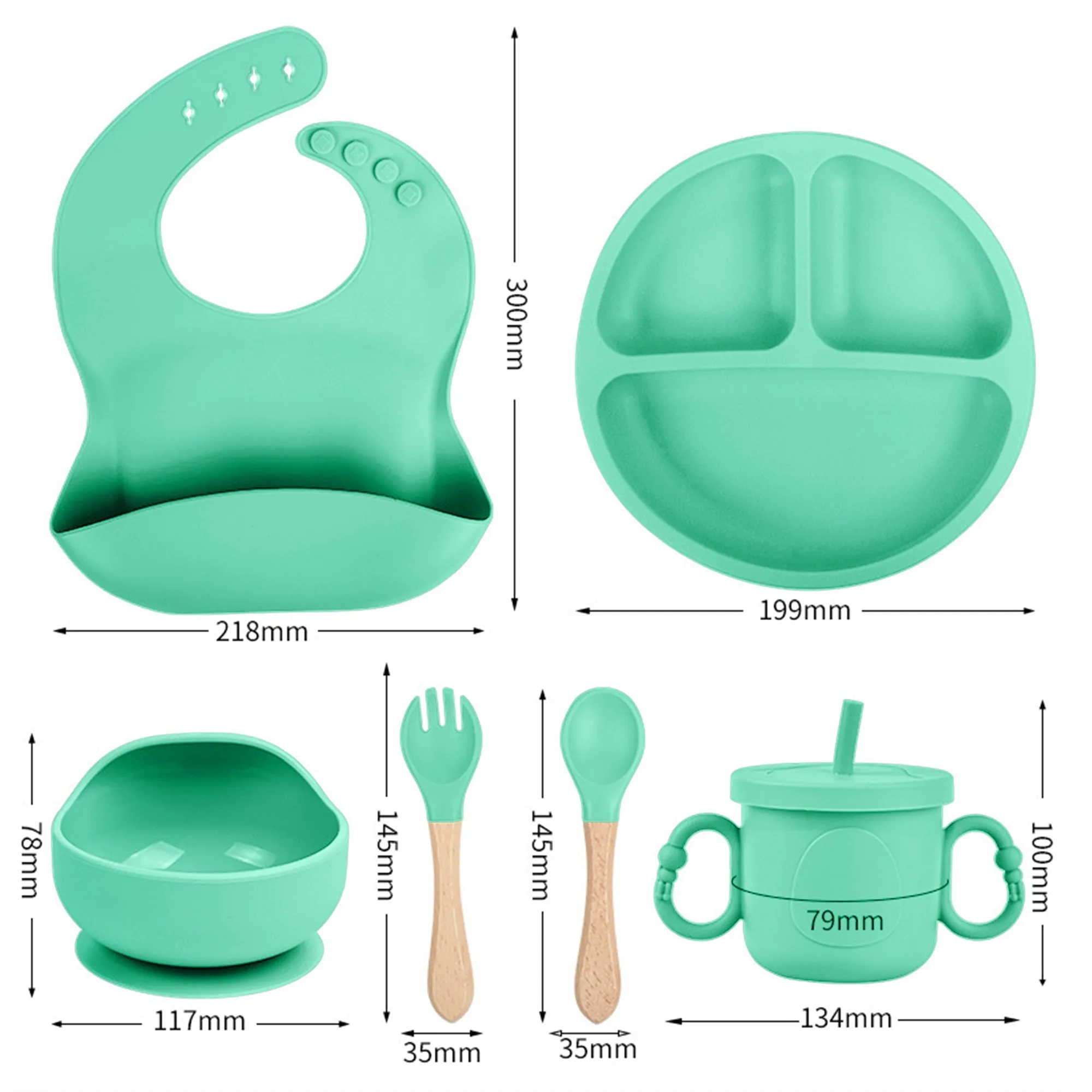 Babymoon Set of 6 | Silicone BPA Free Baby Kids Feeding Dinner Set Gift Box | Dinner Plate | Spoon & Fork | Silicone Bib | Cup | Bowl | Green