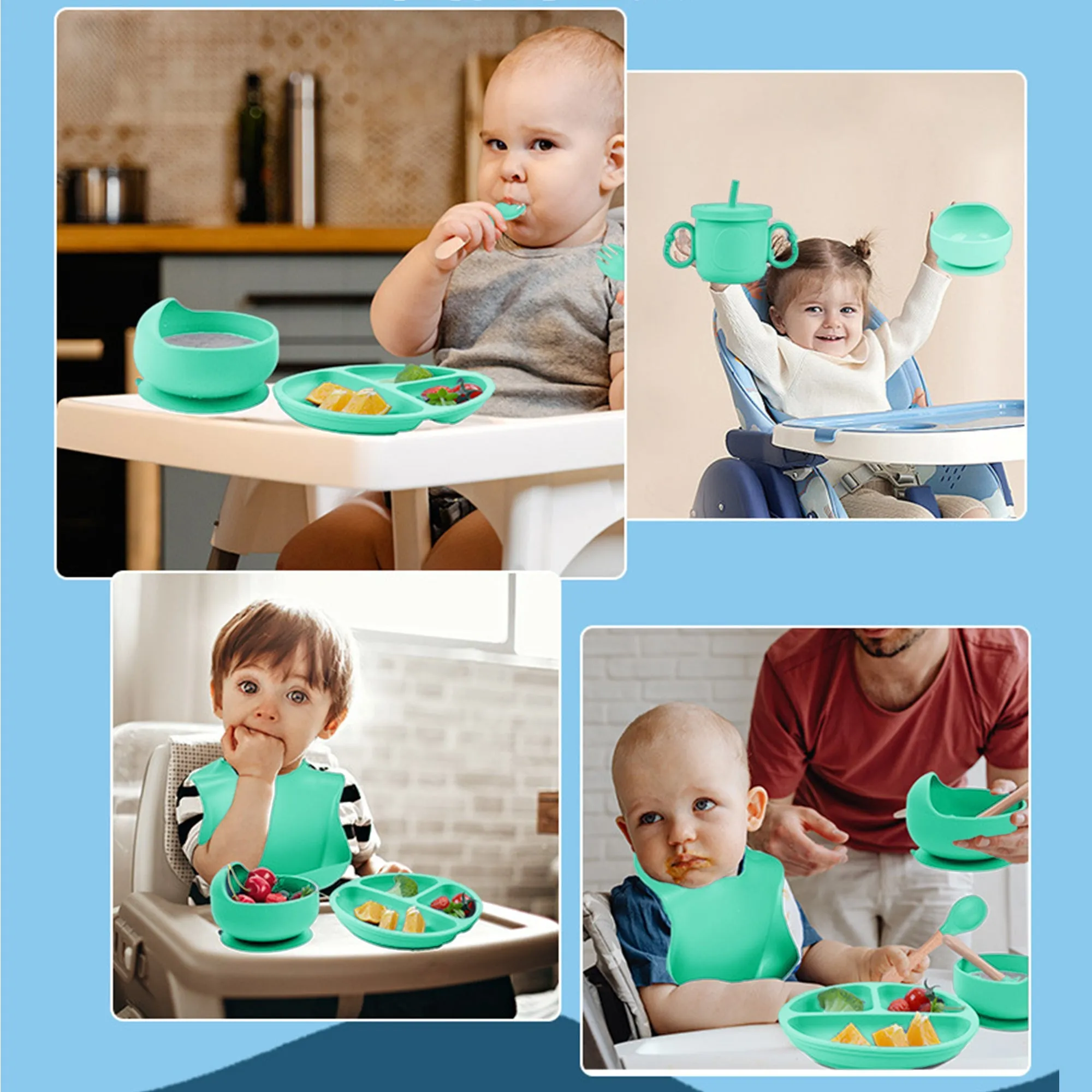 Babymoon Set of 6 | Silicone BPA Free Baby Kids Feeding Dinner Set Gift Box | Dinner Plate | Spoon & Fork | Silicone Bib | Cup | Bowl | Green