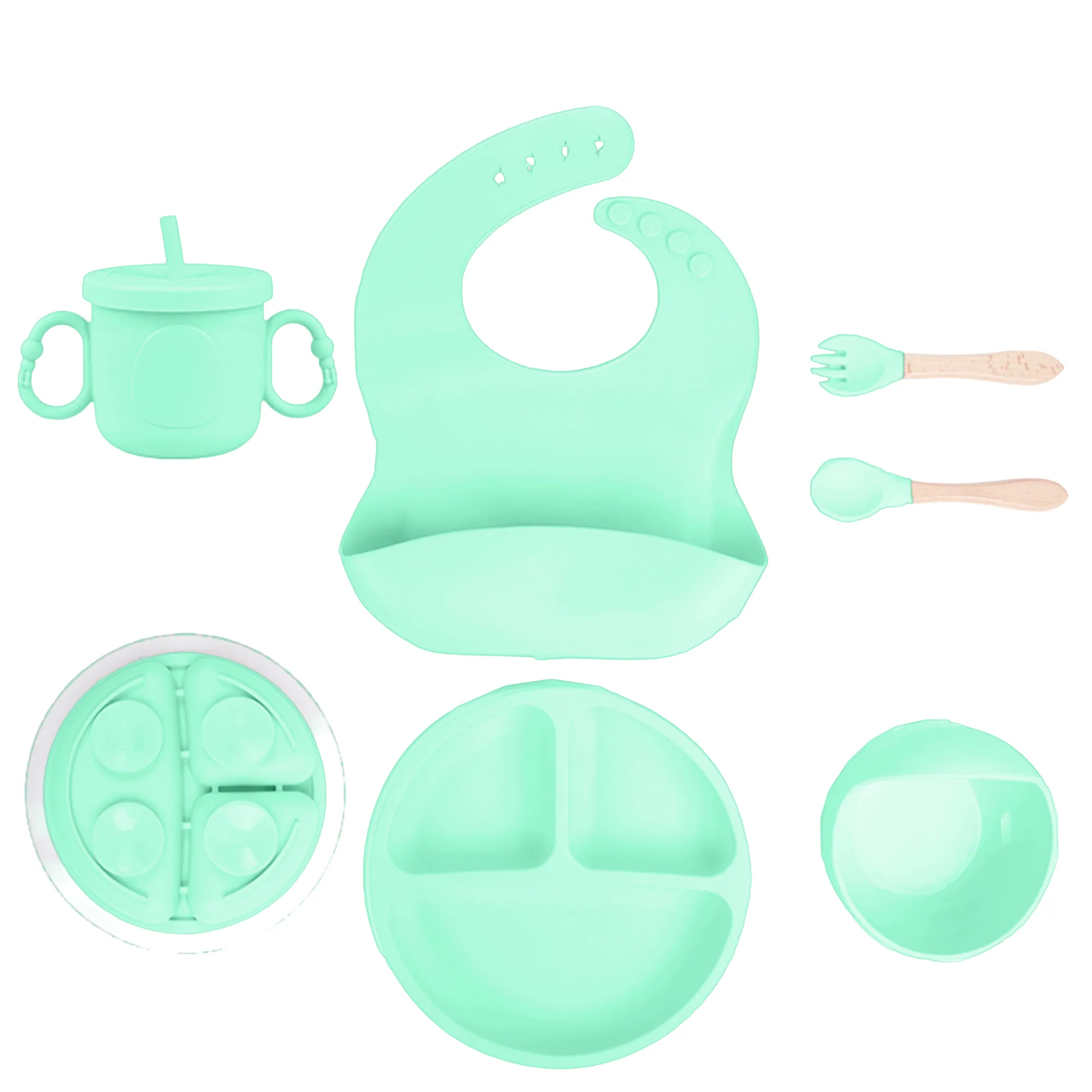 Babymoon Set of 6 | Silicone BPA Free Baby Kids Feeding Dinner Set Gift Box | Dinner Plate | Spoon & Fork | Silicone Bib | Cup | Bowl | Green