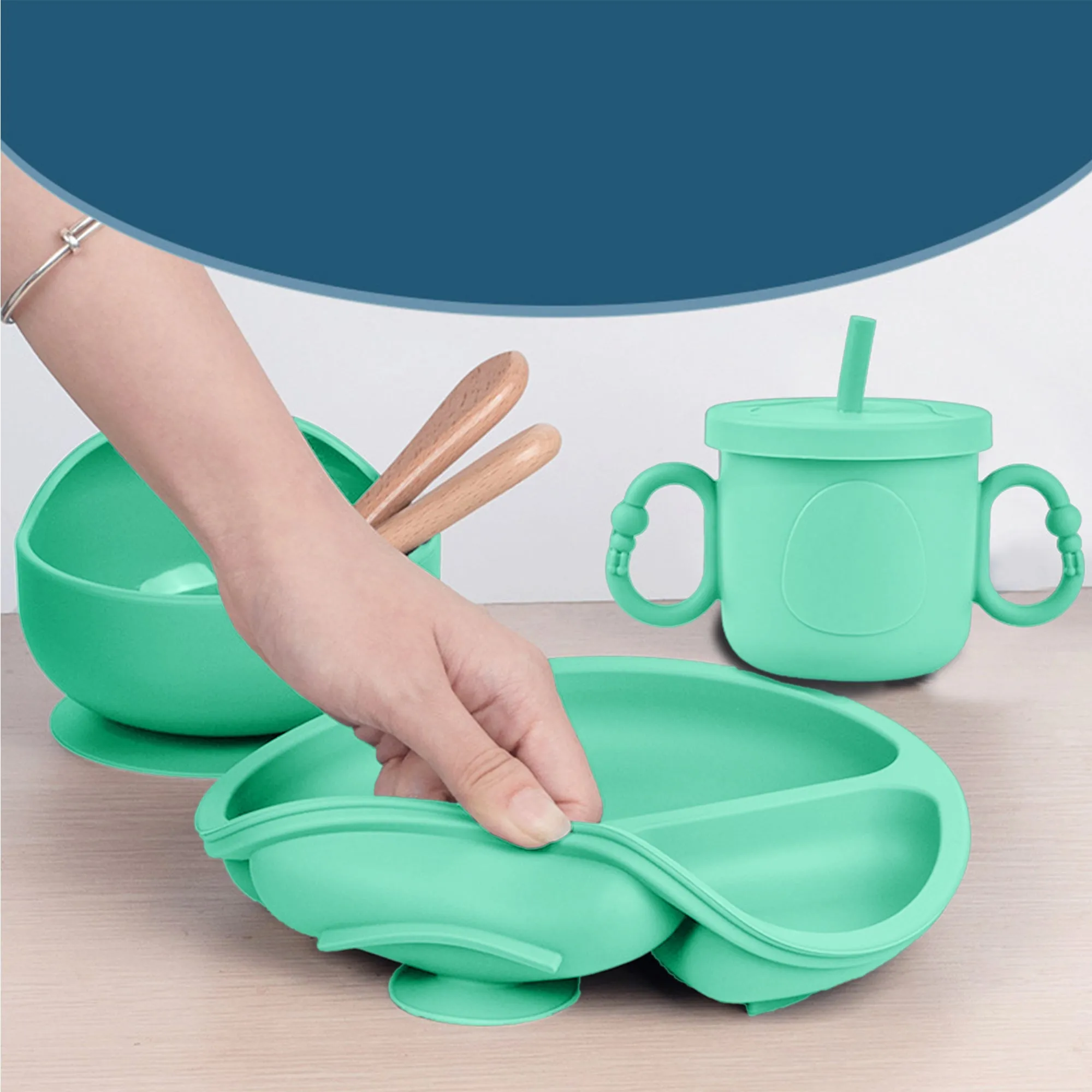 Babymoon Set of 6 | Silicone BPA Free Baby Kids Feeding Dinner Set Gift Box | Dinner Plate | Spoon & Fork | Silicone Bib | Cup | Bowl | Green