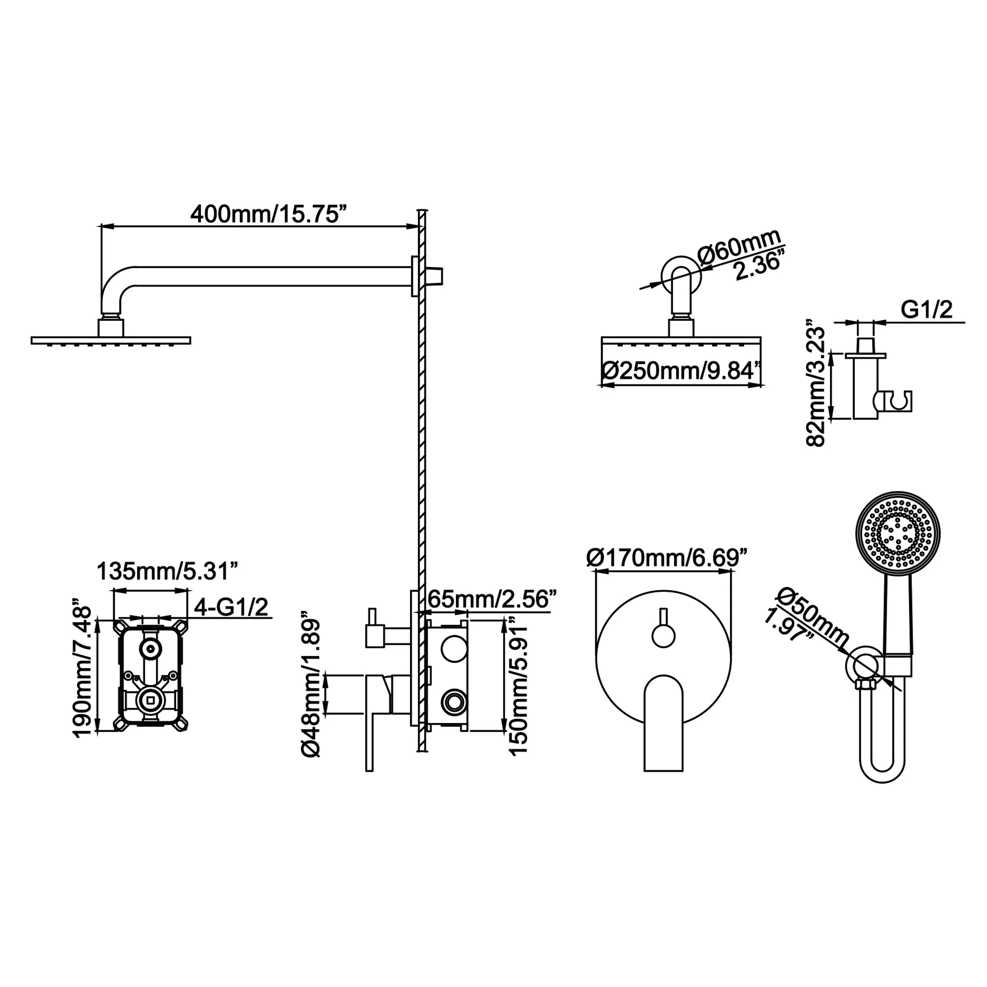 Brushed Nickel Shower System with 10" High Pressure Rain Shower Head JK0072