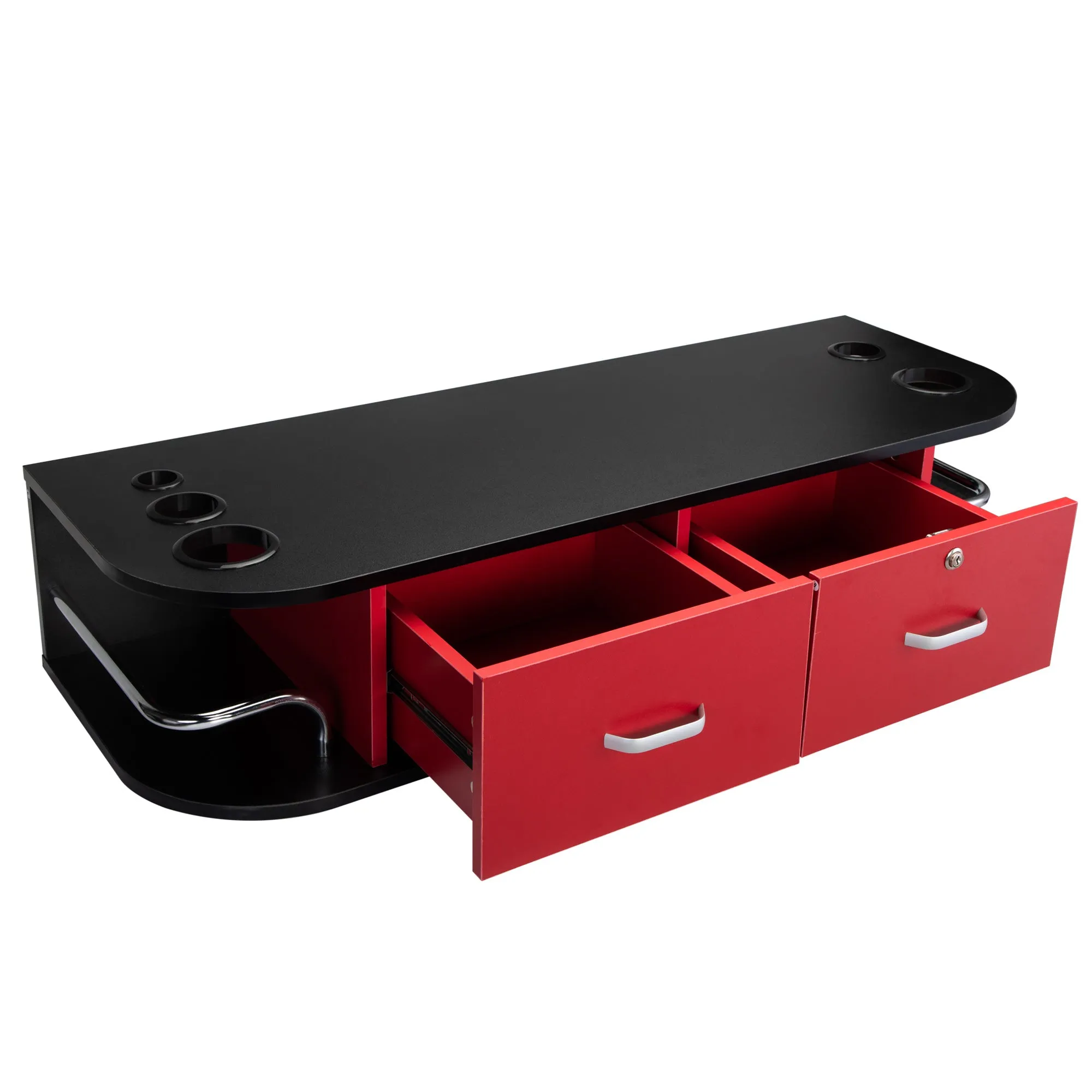 Classic Wall Mounted Beauty Salon, Barber Styling Station, Salon Equipment with Locking 2 Drawers, Black Red