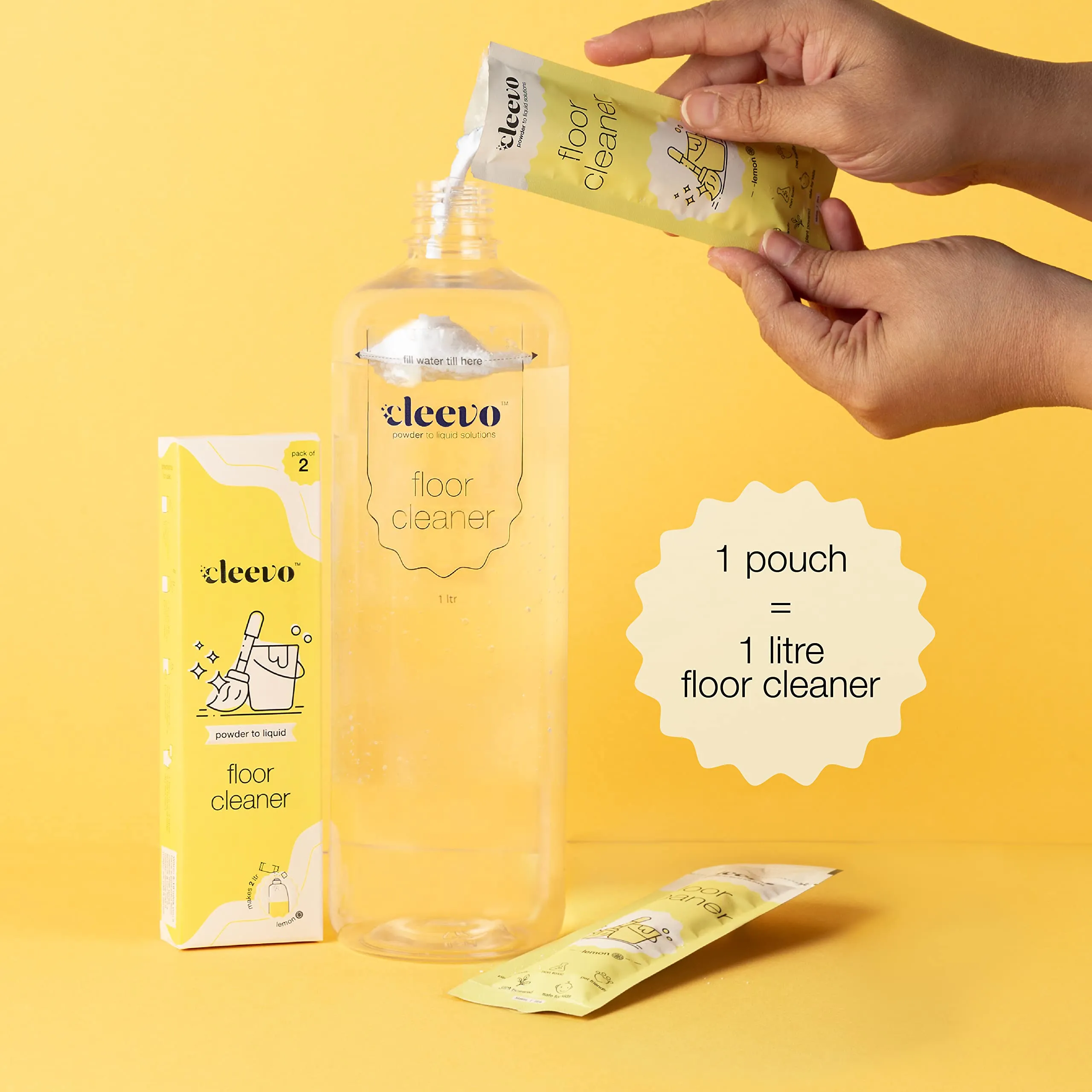 Cleevo Natural Disinfectant Floor Cleaner 2 Litres, Bottle Pack, Zesty Lemon Fragrance, 100% Eco-Friendly Tile Cleaner