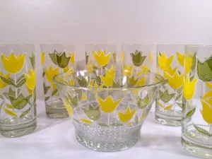 Culver Signed Mid-Century Yellow and Green Tulip Set (6 Glasses and Ice Container)