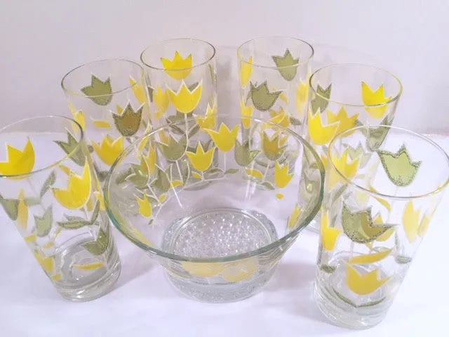 Culver Signed Mid-Century Yellow and Green Tulip Set (6 Glasses and Ice Container)