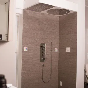 DAX Ceiling Mounted Round Rain Shower System with LED Lights, with Hand Shower and Individual Controls, Brass Body, Chrome Finish (DAX-R242)