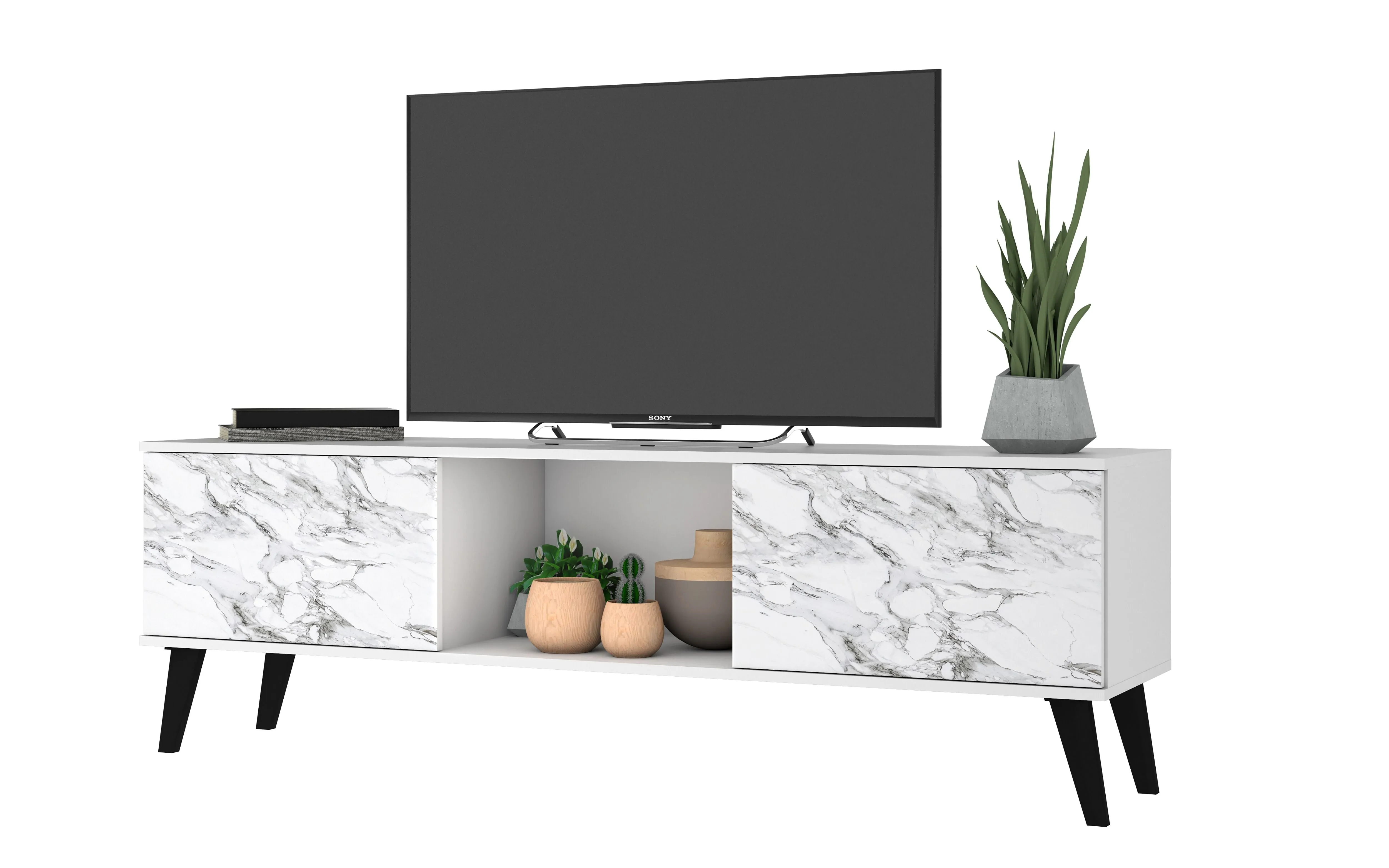 Doyers 62.20 Mid-Century Modern TV Stand in White and Marble Stamp