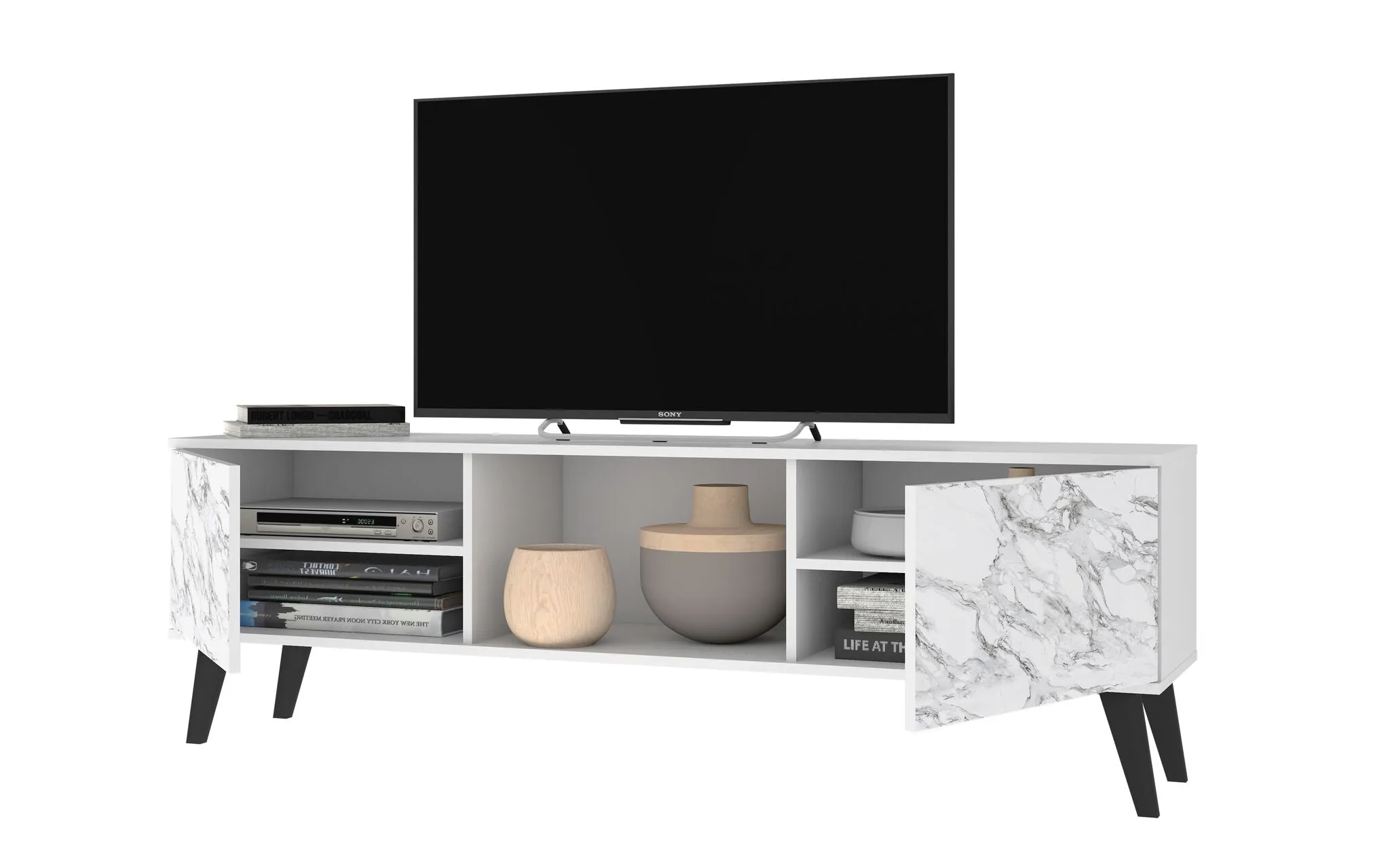 Doyers 62.20 Mid-Century Modern TV Stand in White and Marble Stamp