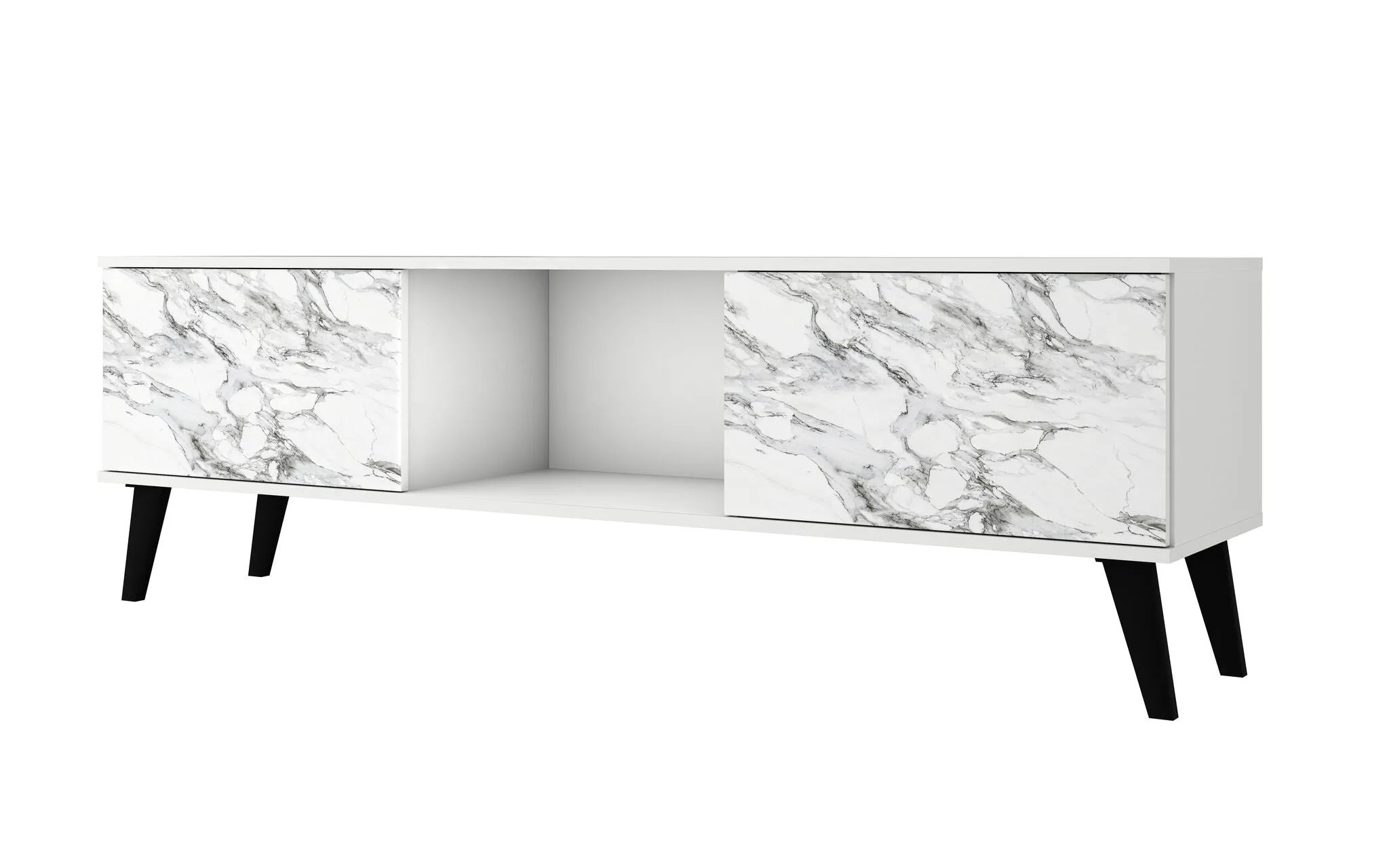 Doyers 62.20 Mid-Century Modern TV Stand in White and Marble Stamp