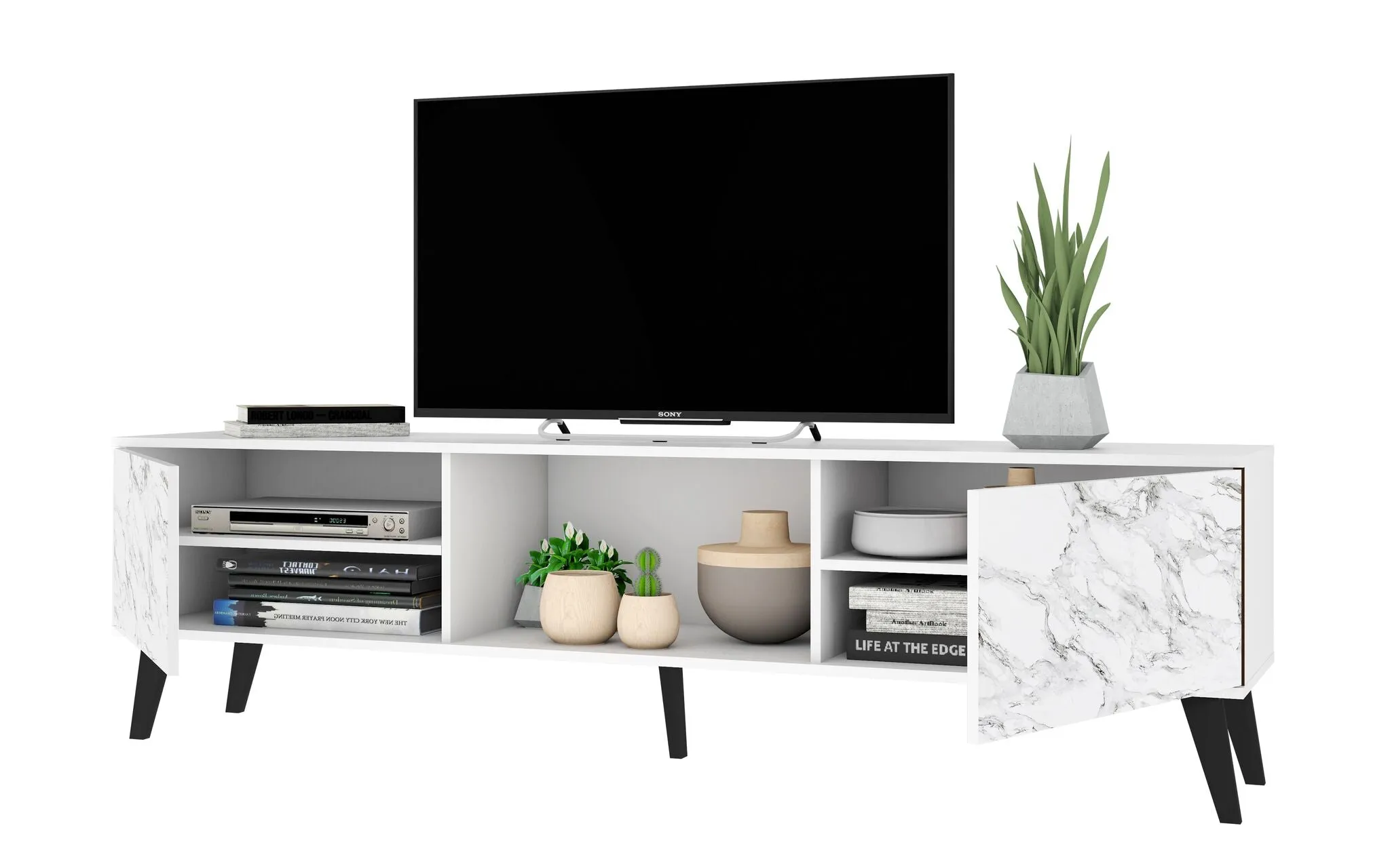 Doyers 70.87 Mid-Century Modern TV Stand in White and Marble Stamp