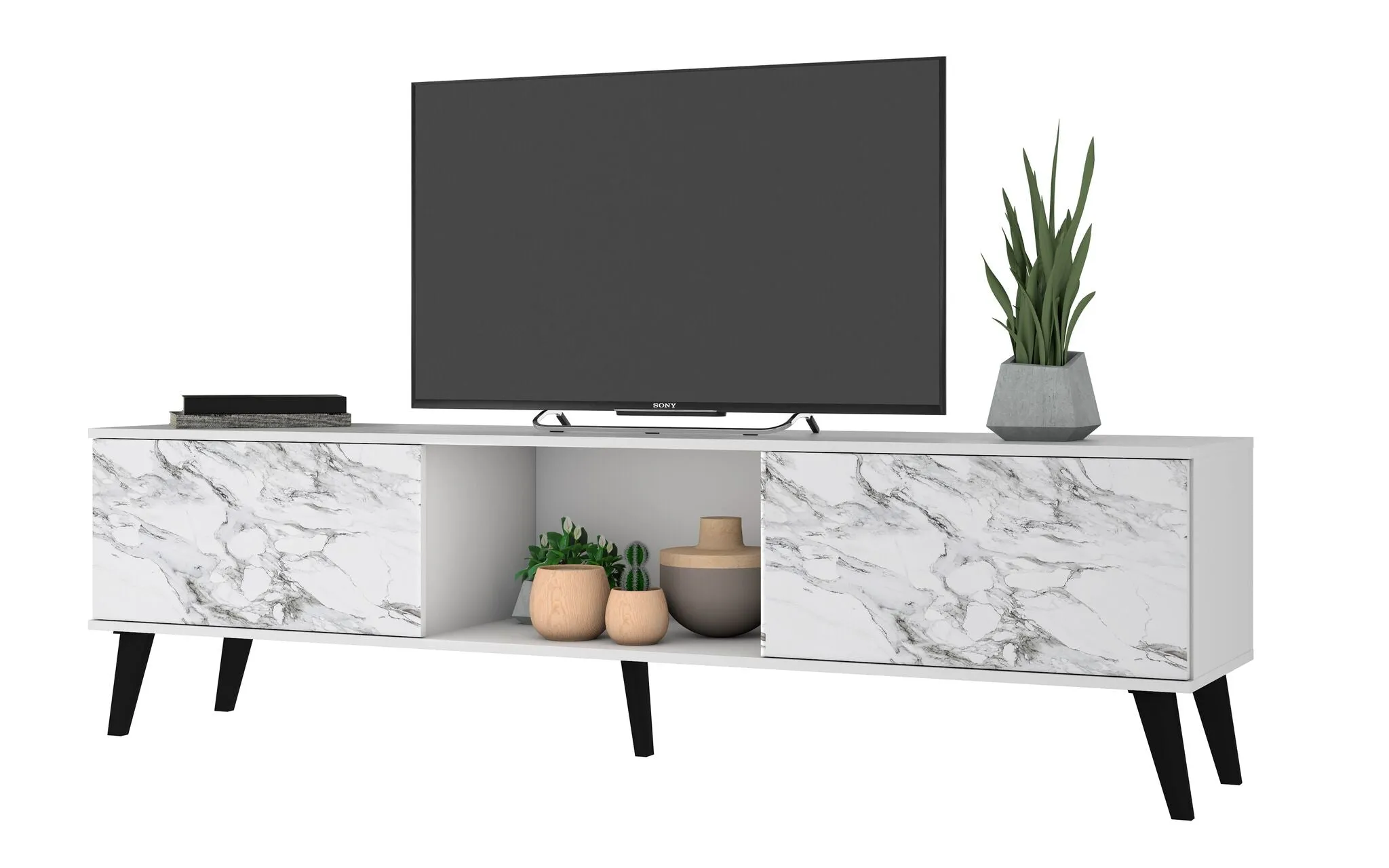 Doyers 70.87 Mid-Century Modern TV Stand in White and Marble Stamp