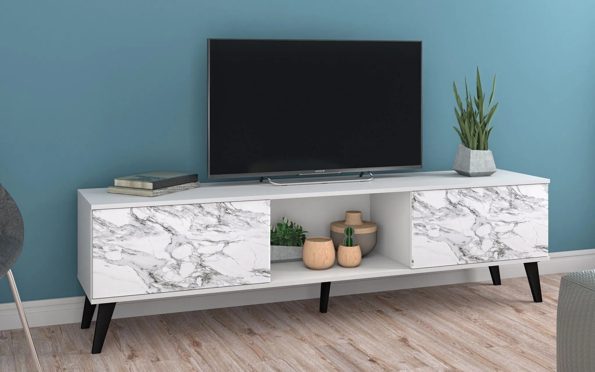 Doyers 70.87 Mid-Century Modern TV Stand in White and Marble Stamp