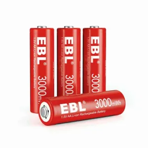 EBL 1-1/2V Rechargeable Li ion AA Battery 3000mWh High-Capacity Rechargeable Lithium AA Batteries - 4 Pack