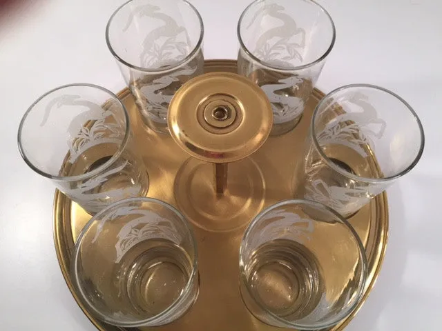 Federal Glass Mid-Century Art Deco Gazelle Bar Set (6 Glasses and Carrier)