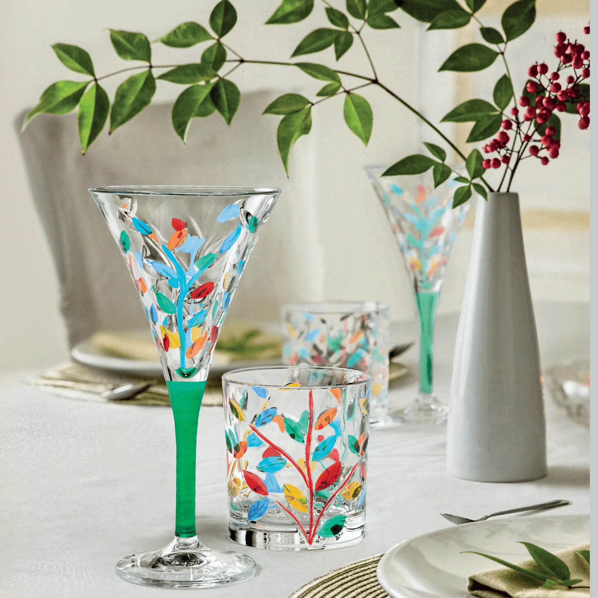 Flowervine Short Drink Glasses, Hand-Painted Italian Crystal, Set of 2