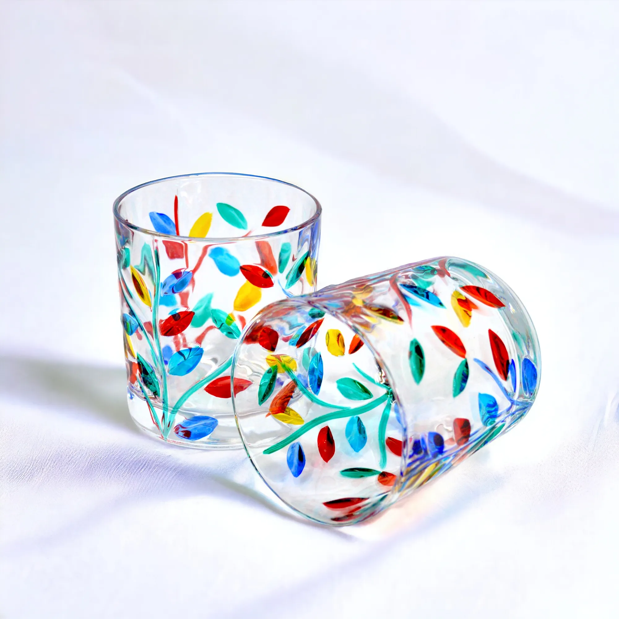 Flowervine Short Drink Glasses, Hand-Painted Italian Crystal, Set of 2