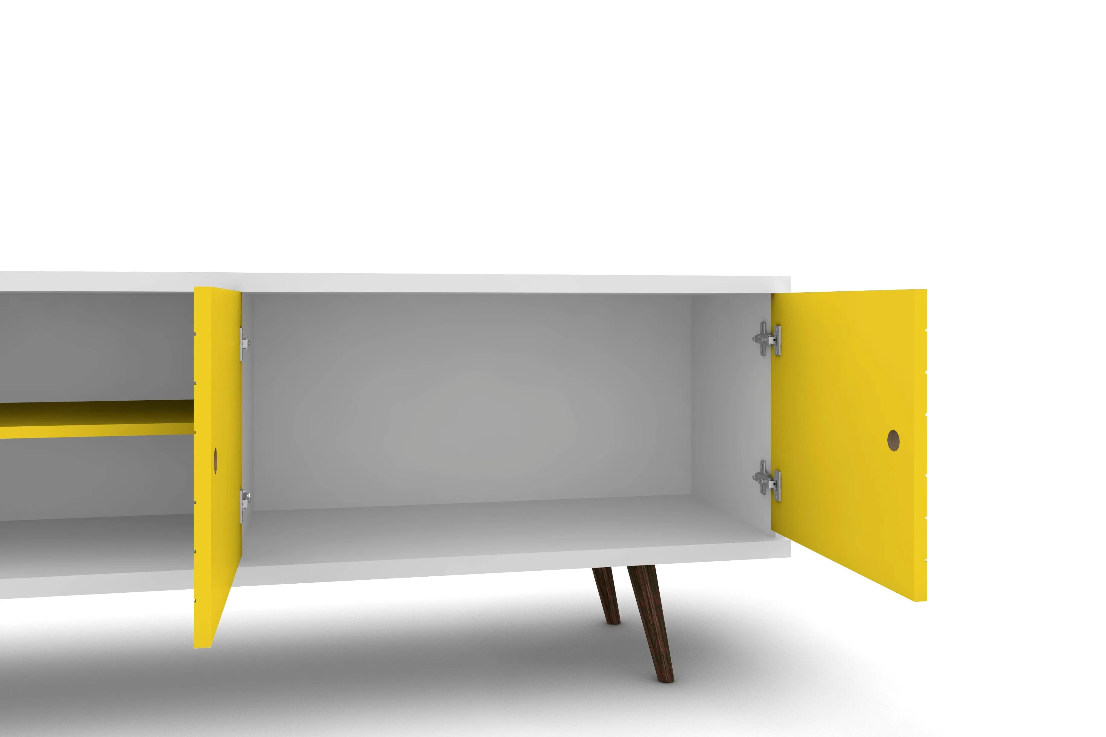 Liberty 62.99" Mid-Century - Modern TV Stand with 3 Shelves and 2 Doors in White and Yellow with Solid Wood Legs