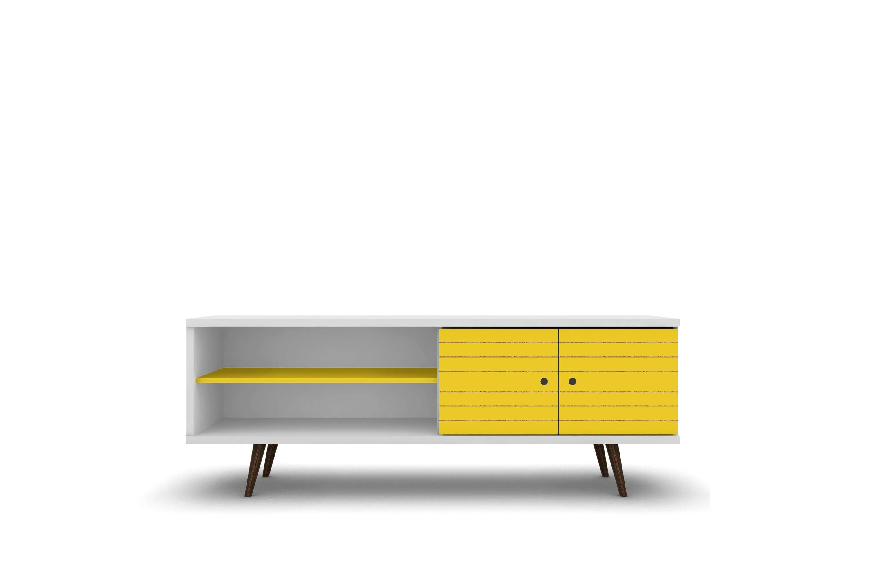 Liberty 62.99" Mid-Century - Modern TV Stand with 3 Shelves and 2 Doors in White and Yellow with Solid Wood Legs