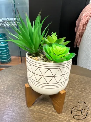 Round Tan With Brown Stripes Pot On Wood Stand, Artificial Mixed Cacti