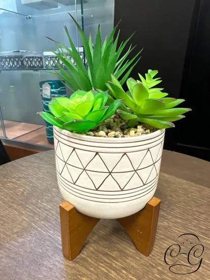 Round Tan With Brown Stripes Pot On Wood Stand, Artificial Mixed Cacti