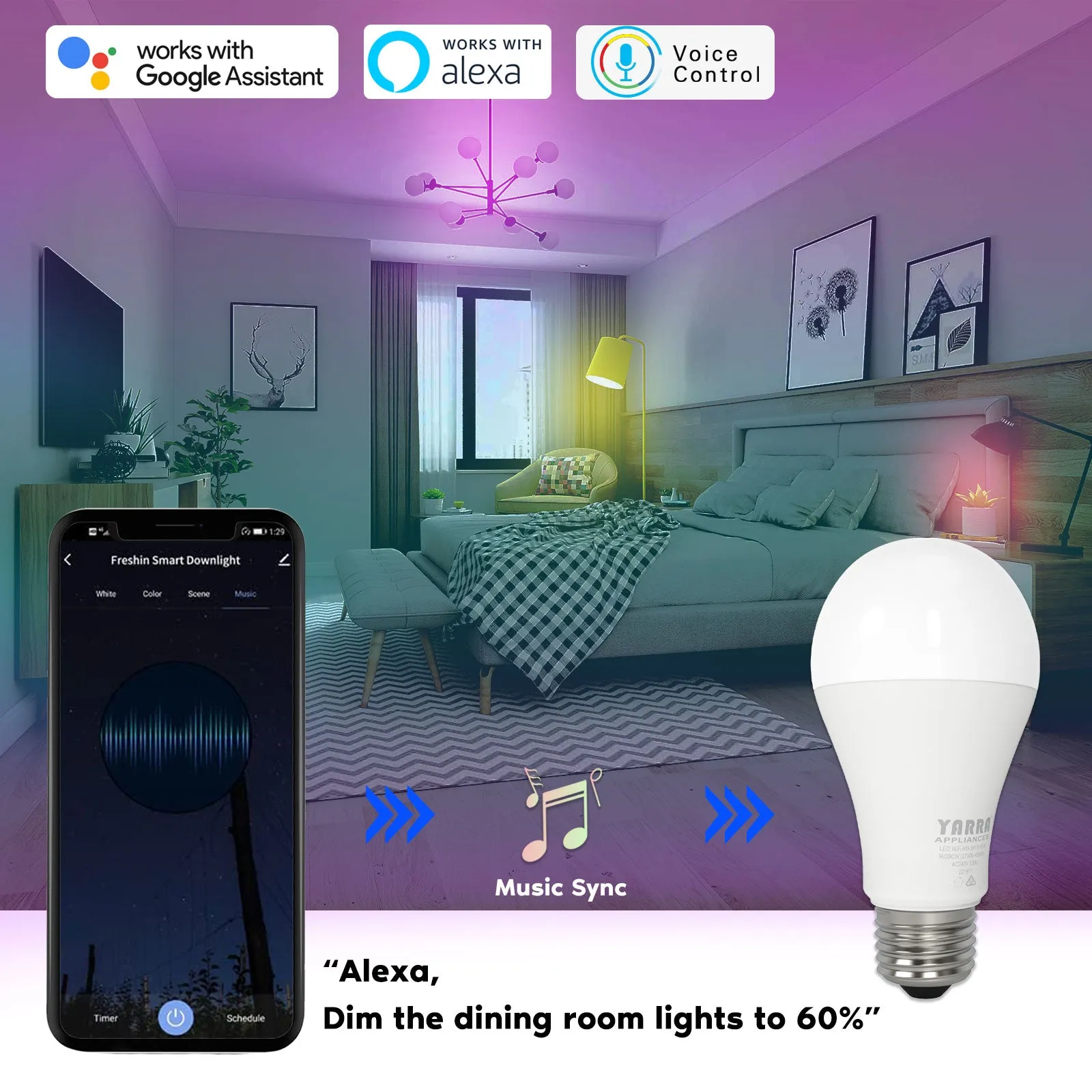 Smart WiFi A19 Pearl Shape 9W E27 RGBCW Changeable Compatible with Alexa, Google Home No Hub Required