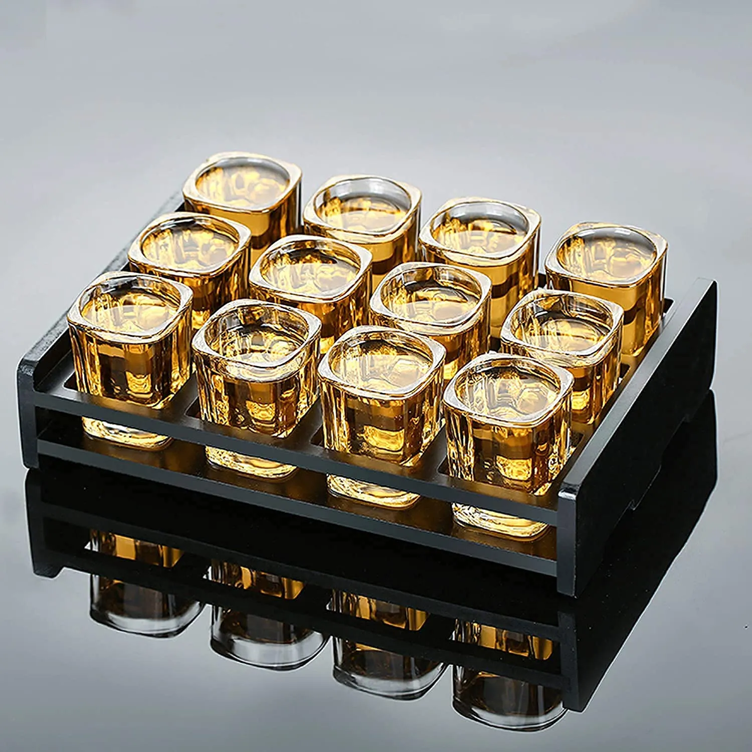 SQUARE SHOT GLASSES SET WITH WOOD SERVING TRAY 57ML - PACK OF 12