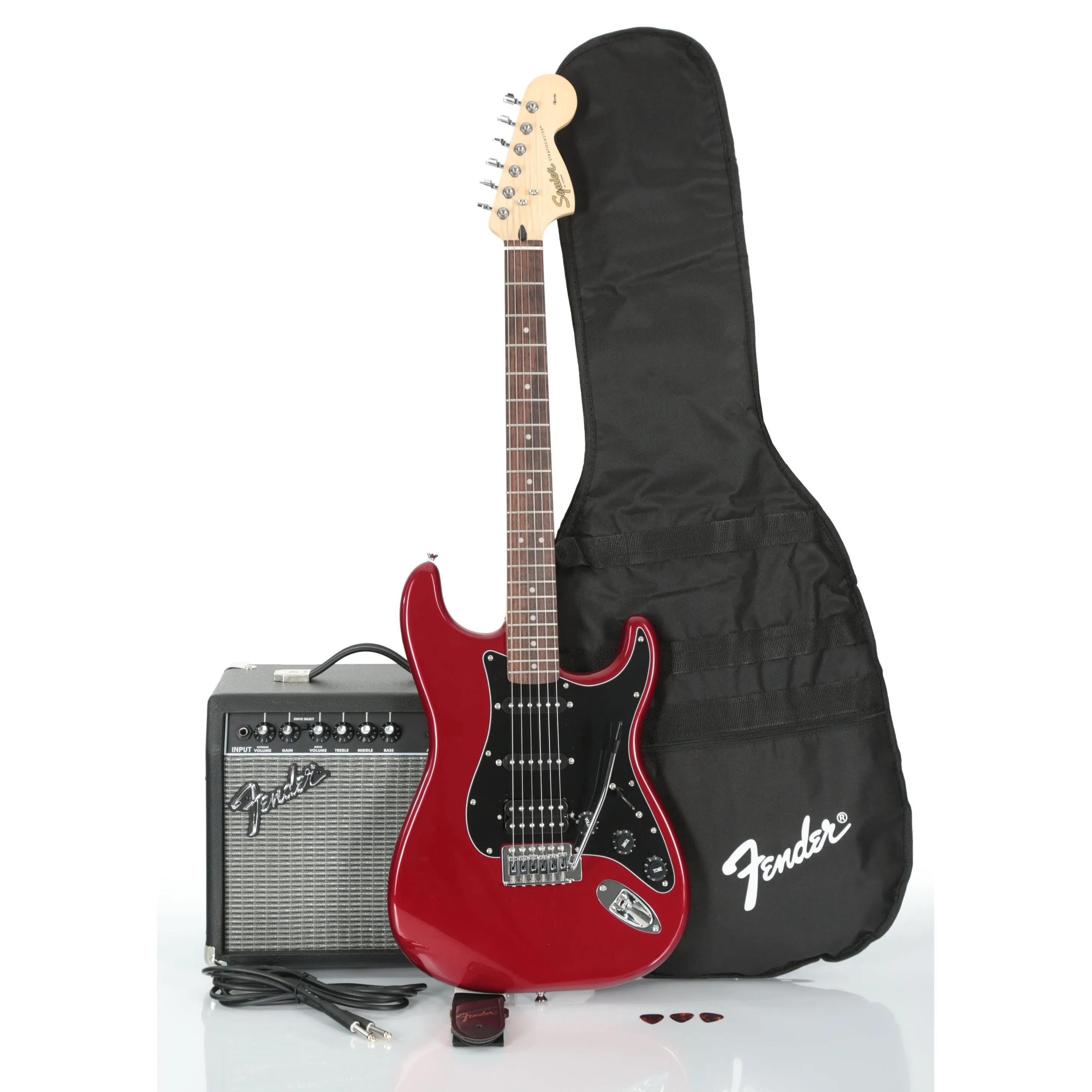 Squier Electric Guitar Affinity Strat HSS Pack in Candy Apple Red with Amplifier (AF PK STRAT HSS GB CAR)