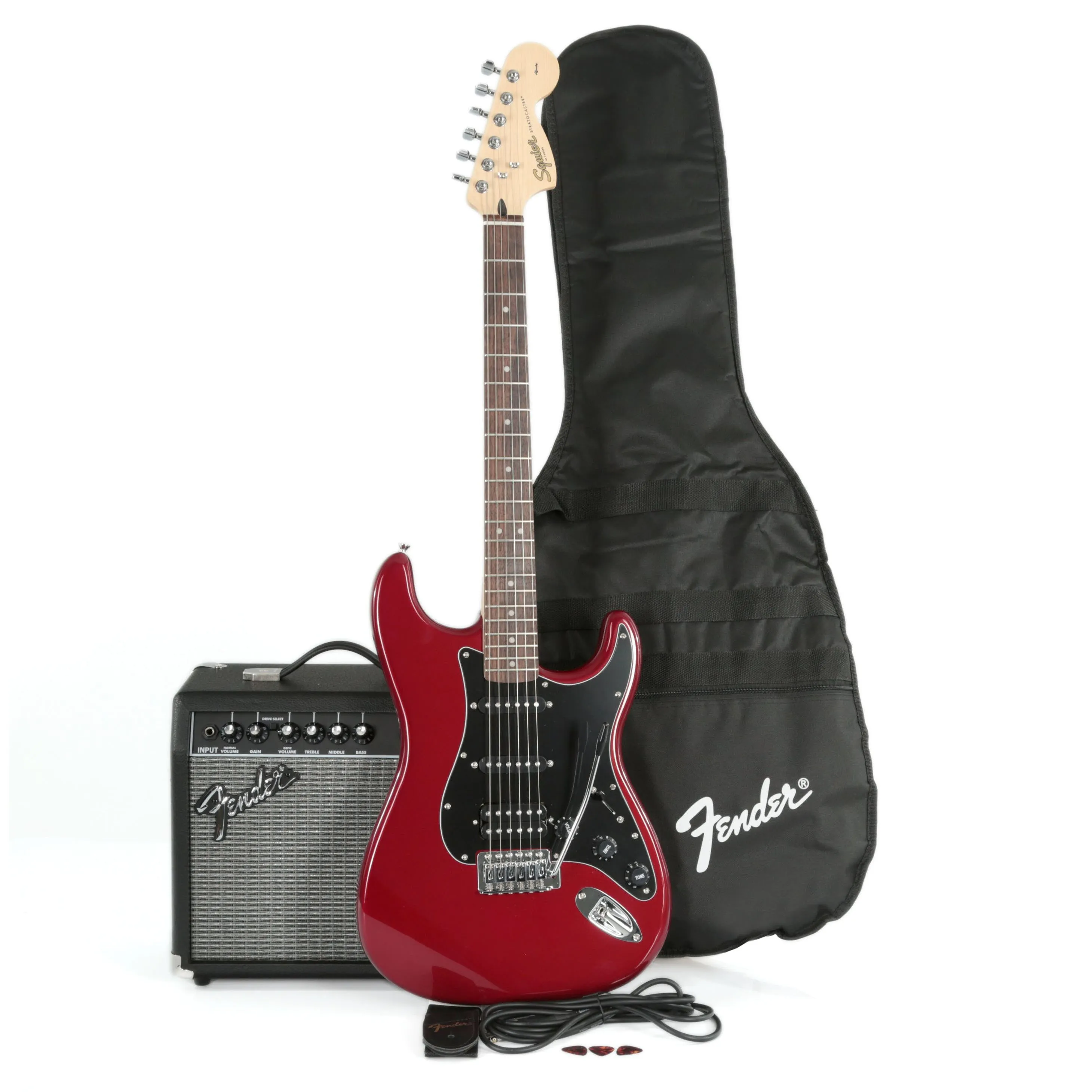 Squier Electric Guitar Affinity Strat HSS Pack in Candy Apple Red with Amplifier (AF PK STRAT HSS GB CAR)