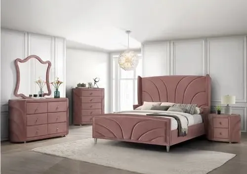 Stanley Fully Upholstered King Bed, Pink Velvet