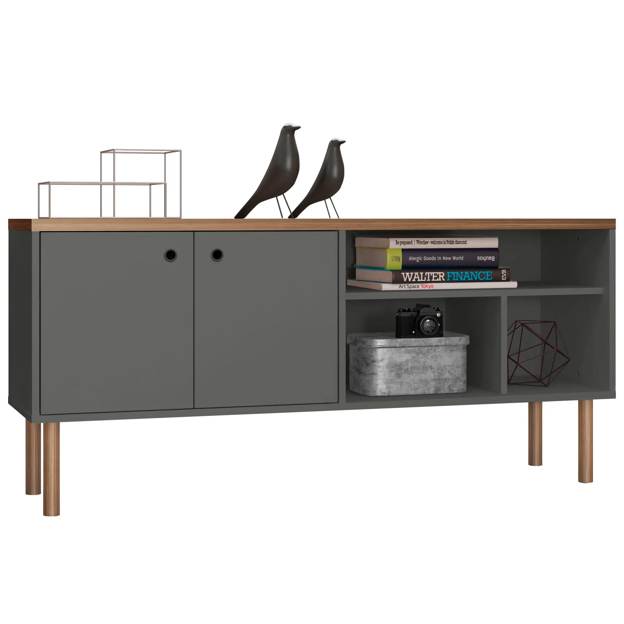 Windsor 53.54 Modern TV Stand with Media Shelves and Solid Wood Legs in Grey and Nature