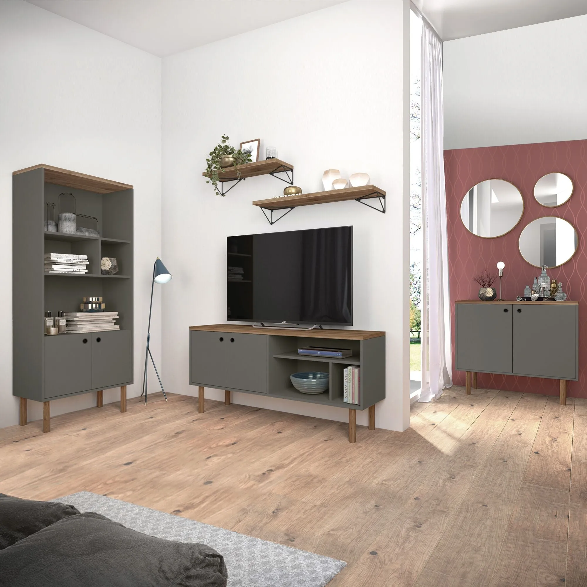 Windsor 53.54 Modern TV Stand with Media Shelves and Solid Wood Legs in Grey and Nature