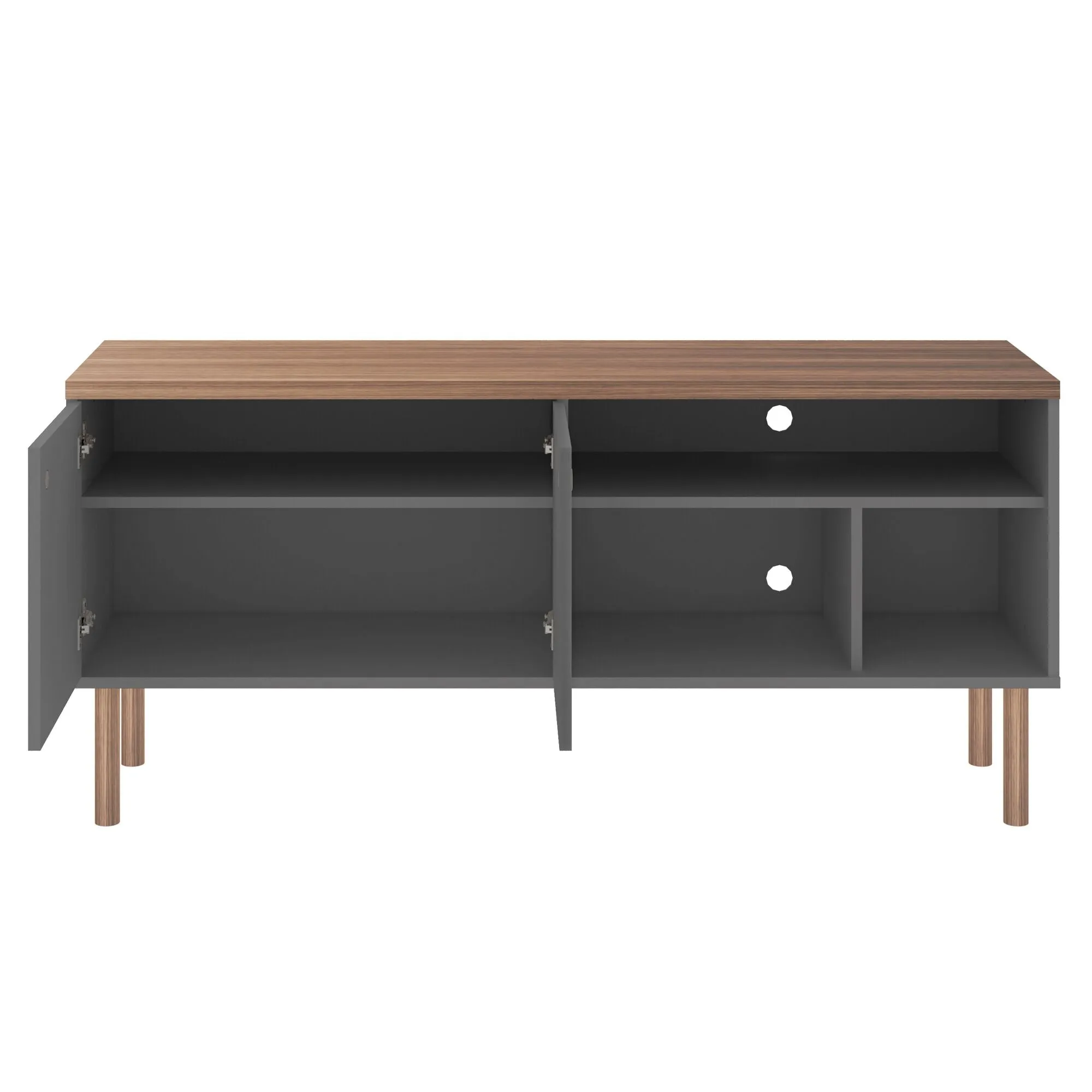 Windsor 53.54 Modern TV Stand with Media Shelves and Solid Wood Legs in Grey and Nature